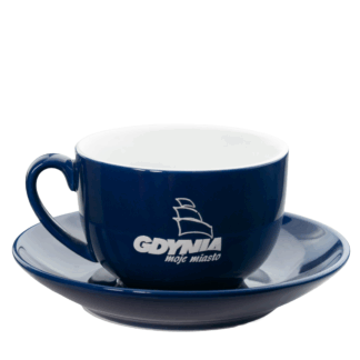 granatowa filiżanka z białym logo Gdyni i spodek